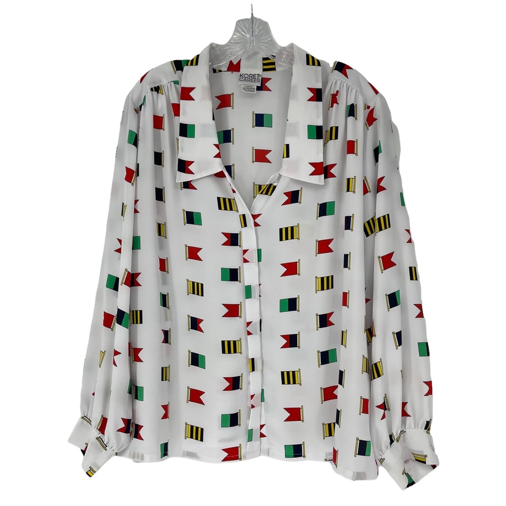 Vintage Flag Career Blouse V-neck White Navy Red Yellow Elegant Office Size 24W